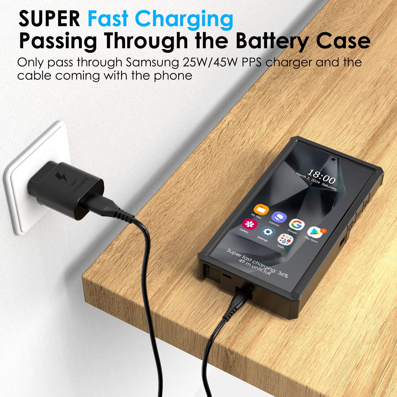 Super fast charging passes through ZeroLemon 10,000mAh Battery Case to Galaxy S24 Ultra with Samsung 25W/45W adapter