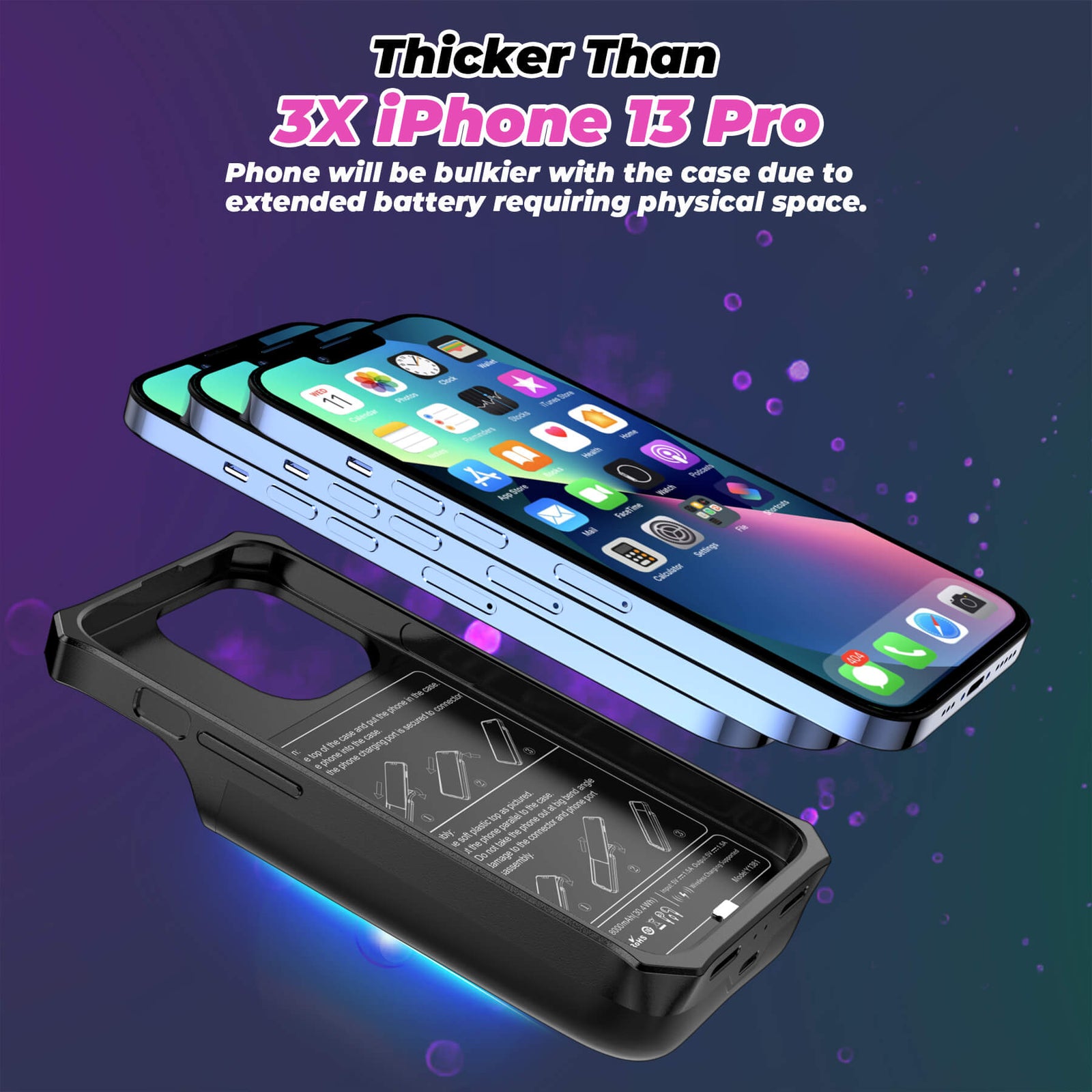 iPhone 13/13 Pro battery case, iPhone 13/13 Pro extended battery case, iPhone 13/13 Pro charging case, iPhone 13/13 Pro battery charger, TPU case, wireless charging, Apple, black