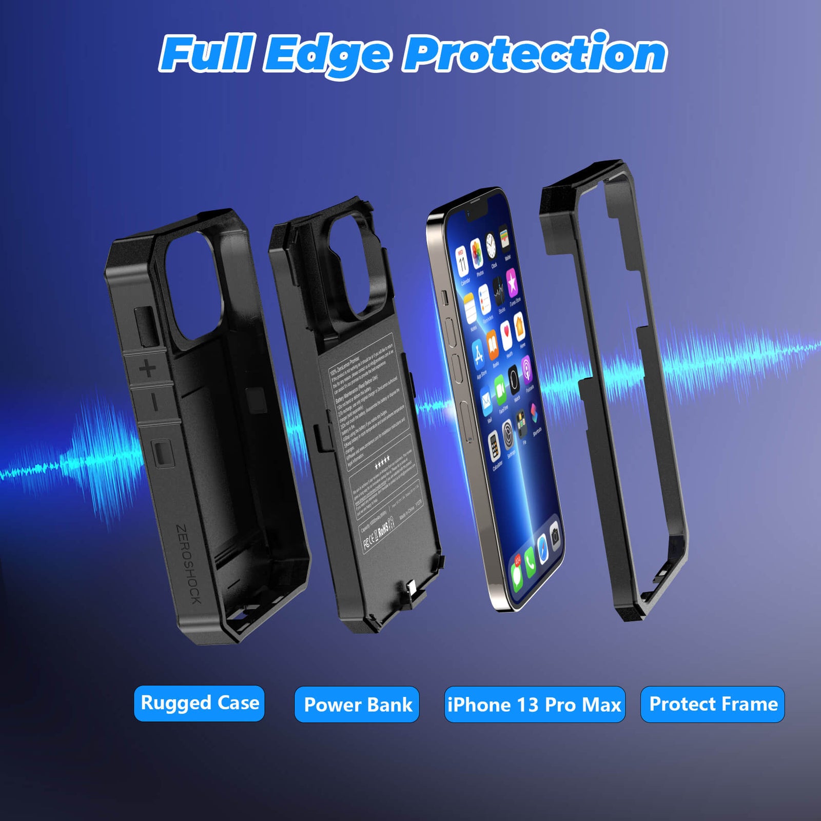 iPhone 13 Pro Max battery case, iPhone 13 Pro Max extended battery case, iPhone 13 Pro Max charging case, iPhone 13 Pro Max battery charger, TPU case, wireless charging, Apple, black