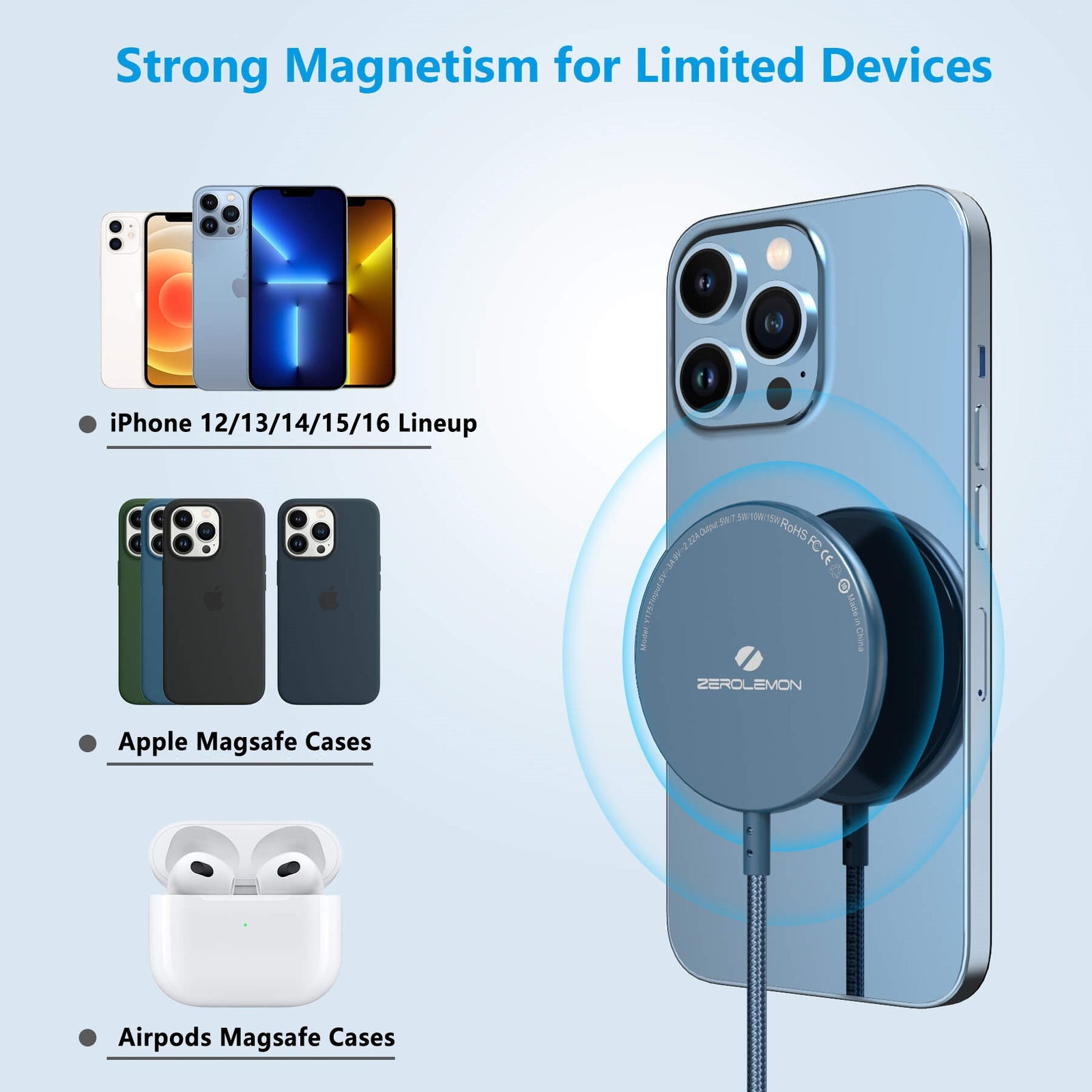 Magnetic Wireless Charger 10ft Blue [MagSafe Compatible]