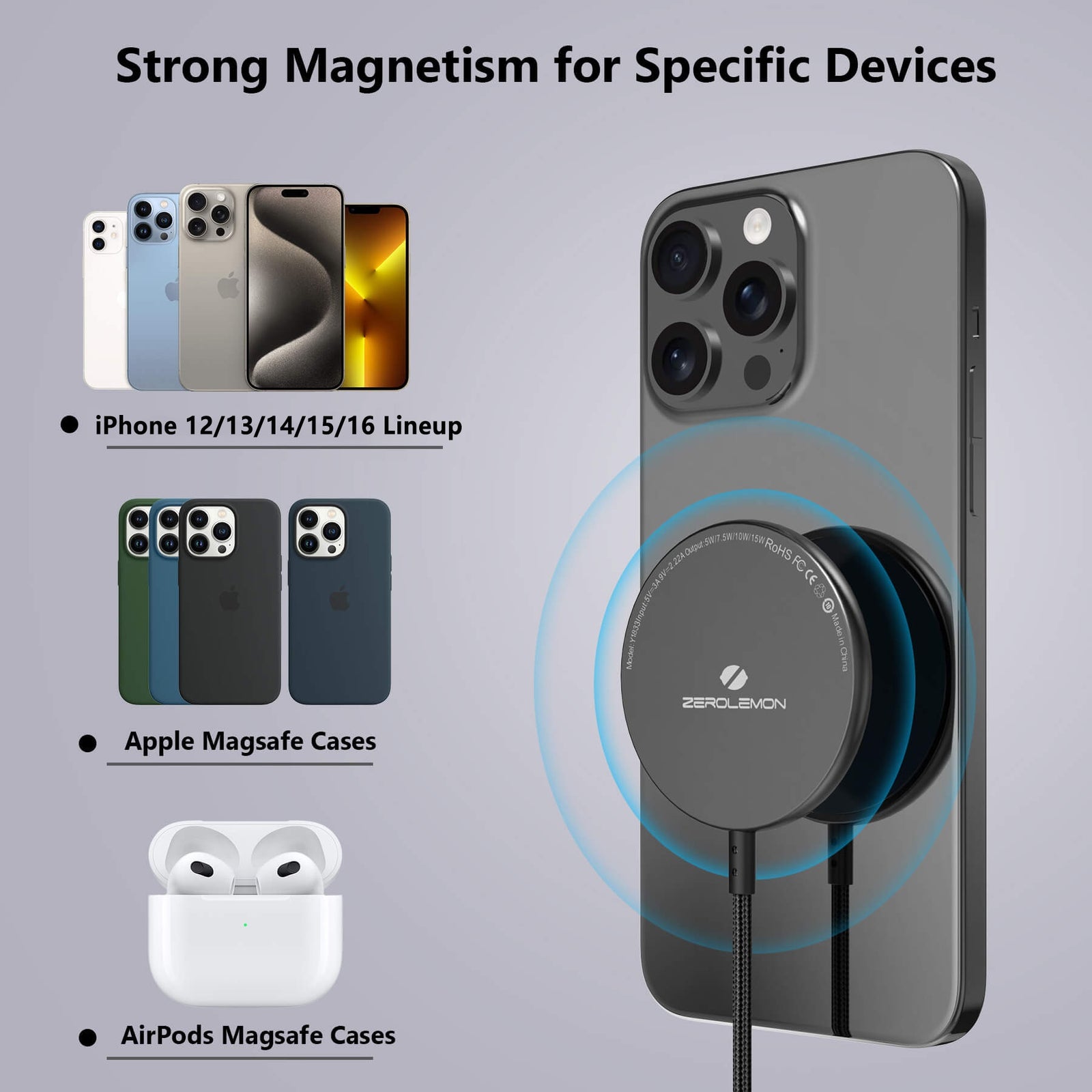 Magnetic Wireless Charger 10ft Black [Magsafe Compatible]